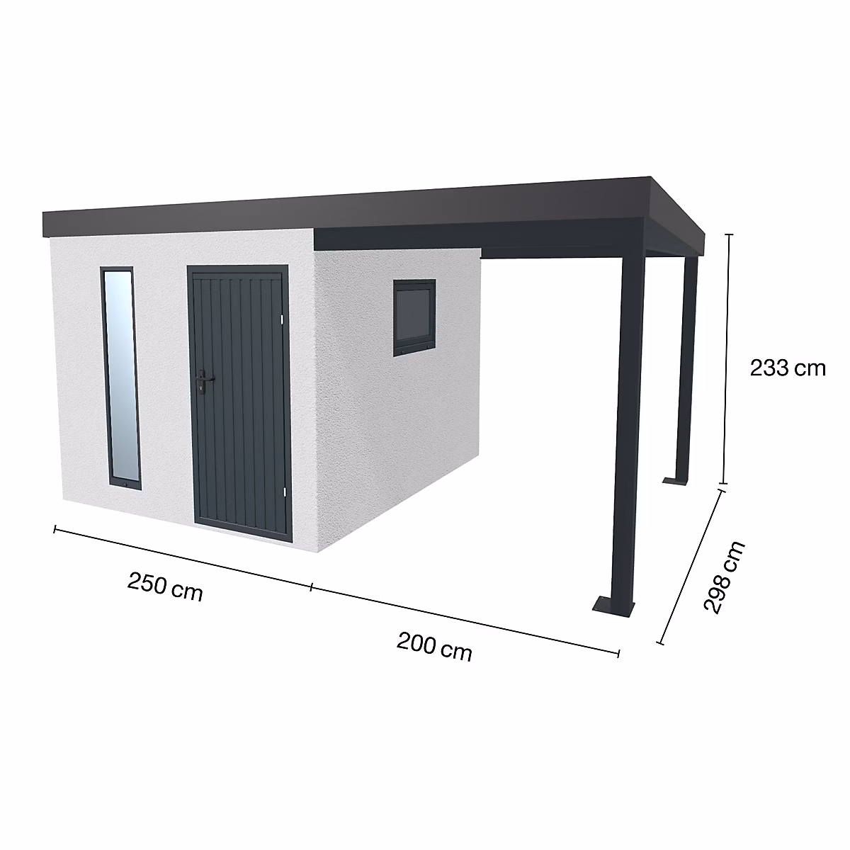 Abri de jardin en métal finition crépi 2500 × 2980 mm blanc avec auvent à droite 2000 × 2980 mm anthracite.