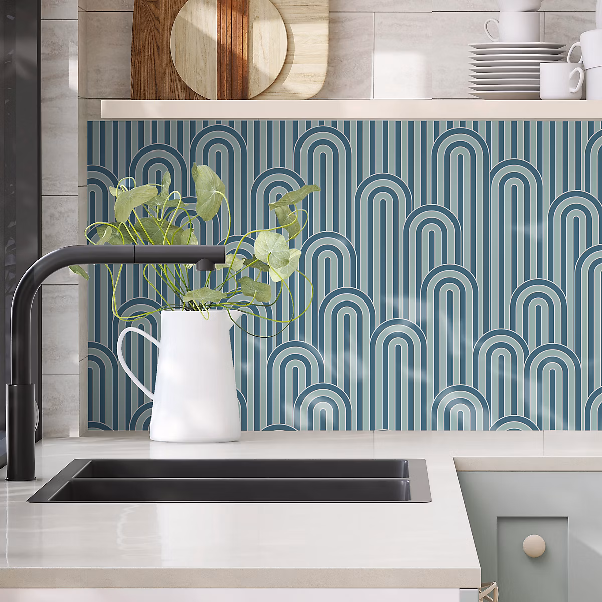 Crédence cuisine adhésive en vinyle modèle ARCHES bleu et vert | 200 × 40 cm – design raccordable