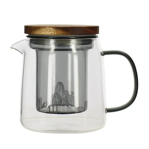 Théière en verre borosilicate transparent avec infuseur et couvercle en acacia Laska - 450 ml