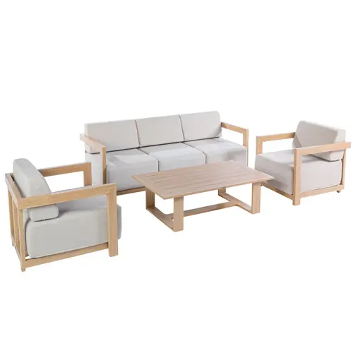 Salon de jardin en aluminium effet bois et coton coloris gris Cannes - 4 éléments (canapé, table basse et deux fauteuils)