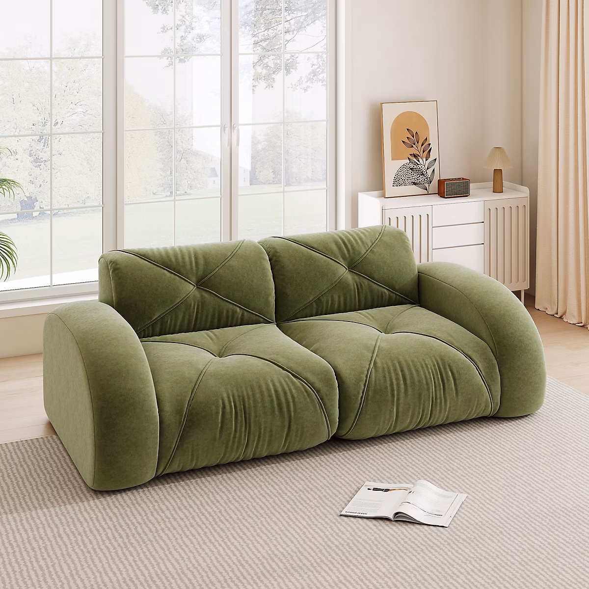 Canapé modulaire 2 places – 32D mousse haute densité,vert,confortable tissu chenille,antidérapant,sans montage