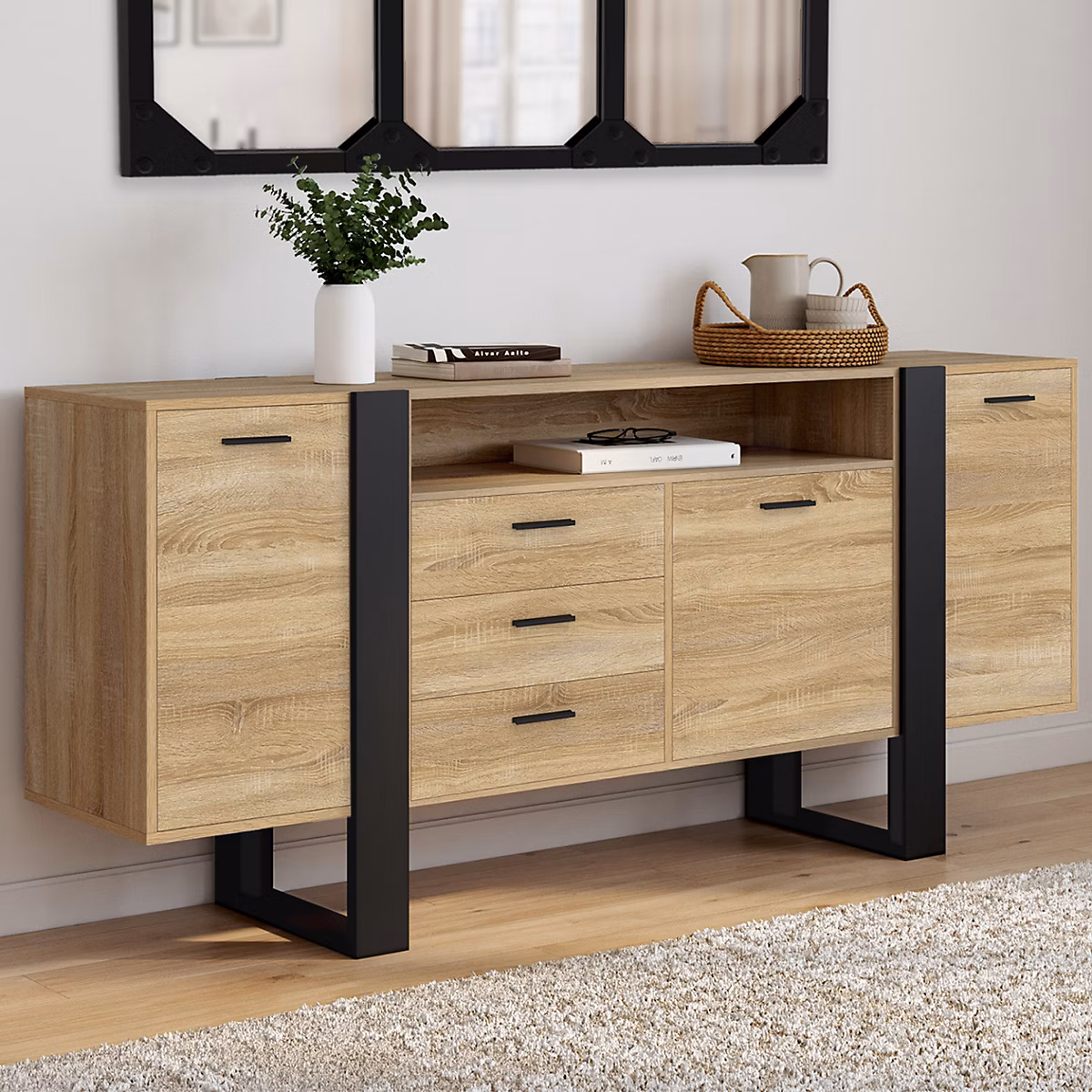 Buffet 180 cm PHOENIX XXL 3 portes et 3 tiroirs avec niche bois et noir – Réf. PXFMUFFWG8582098749