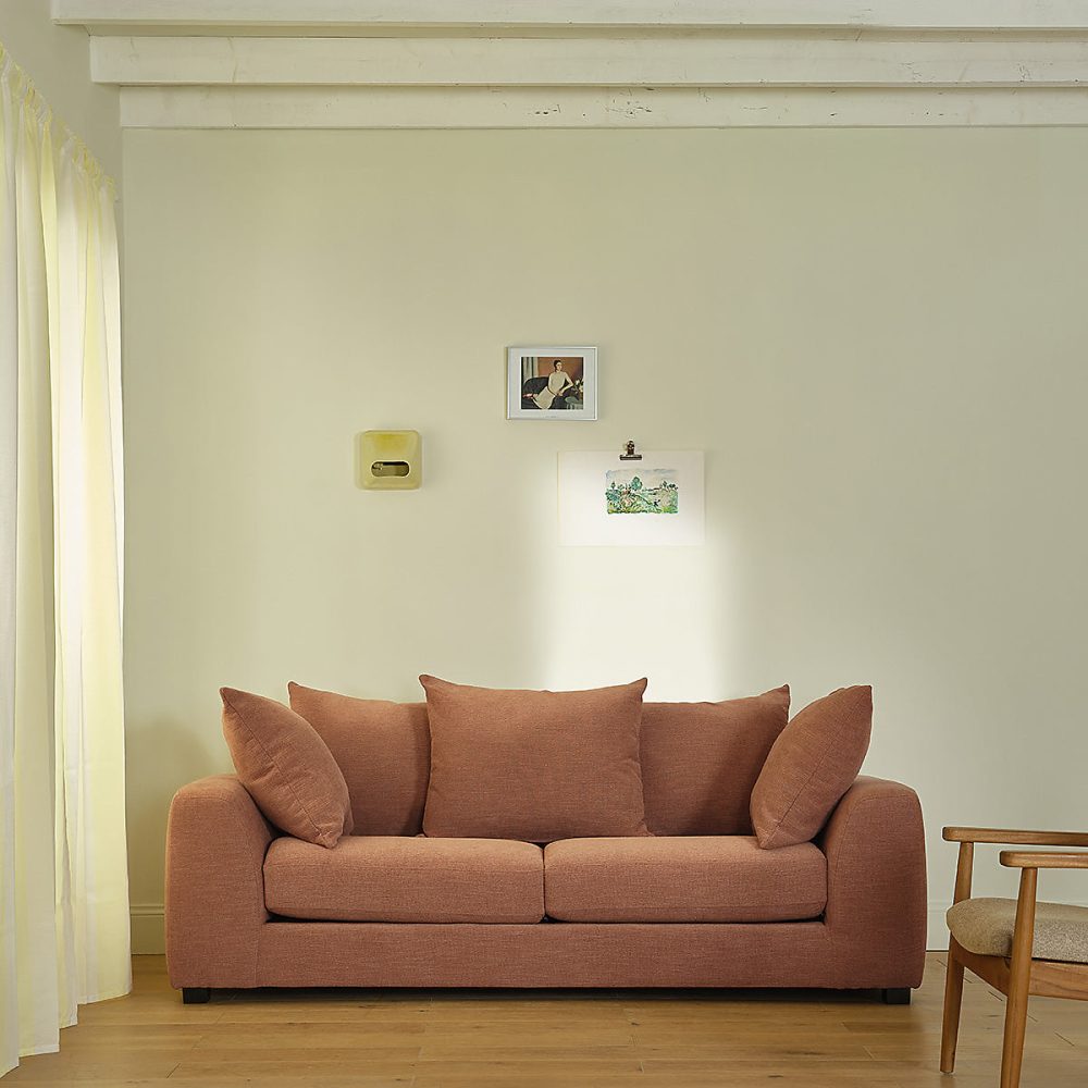 Canapé droit 3 places en tissu effet lin terracotta | Canapé