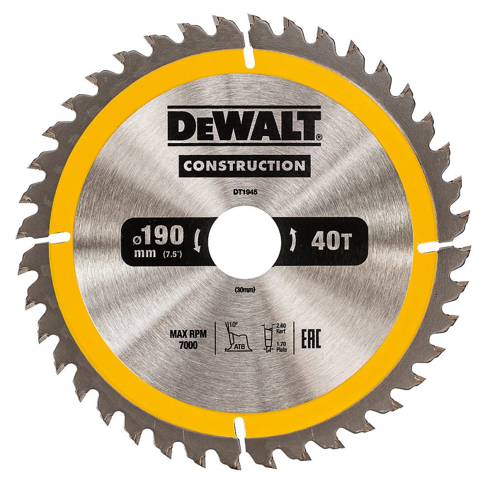 Lame scie circulaire construction TCT 190 × 30 40T DeWalt
