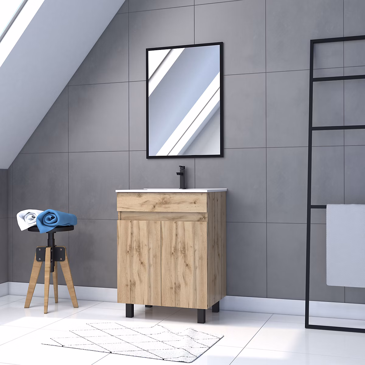 Meuble sous vasque à poser 60 cm effet chêne industriel avec vasque blanc et miroir – Galedo Timber