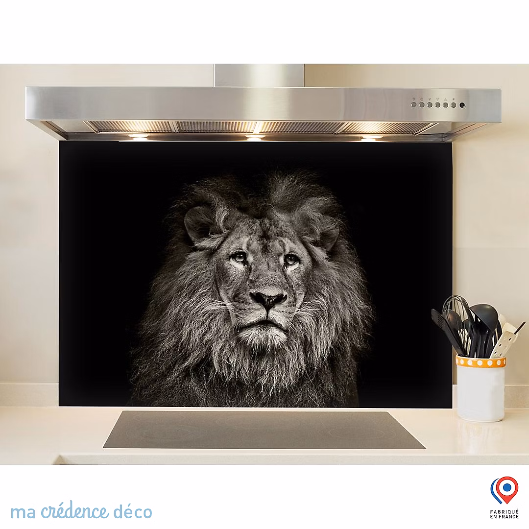 Crédence cuisine fond de hotte Lion – Verre trempé, L 70 cm x H 60 cm, MaCrédenceDéco