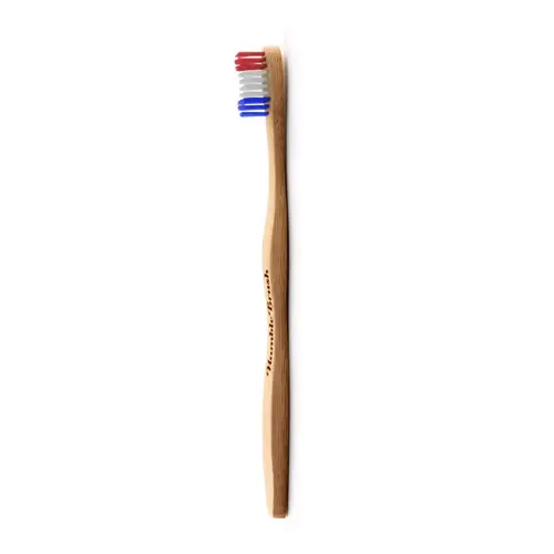 Brosse à dents pour adulte en bambou souple coloris bleu blanc rouge