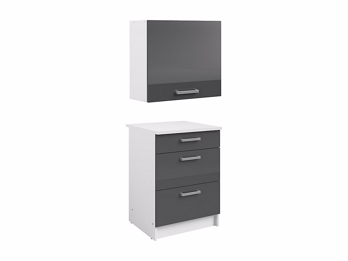Caissons de cuisine – 1 meuble bas & 1 meuble haut, 3 tiroirs & 1 porte, Gris brillant et blanc, TRATTORIA