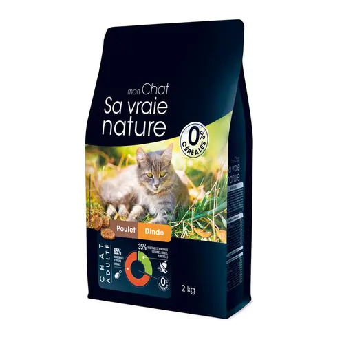 Croquettes sans céréales pour chat adulte au poulet et à la dinde Sa vraie nature - 2 kg