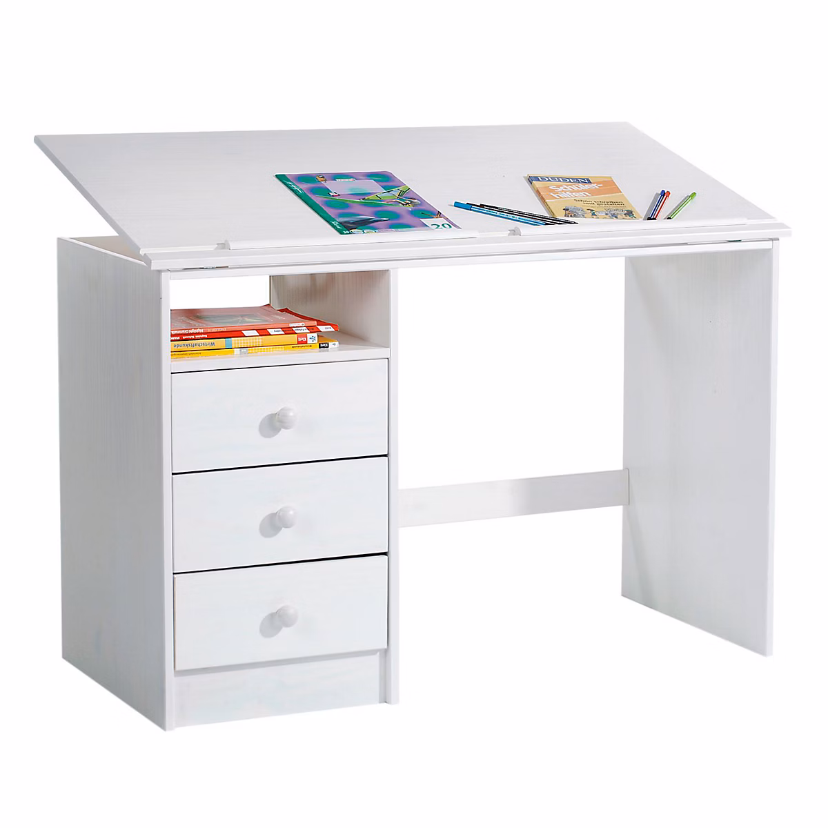 Bureau enfant KEVIN | en pin massif – 3 tiroirs et plateau inclinable – lasuré blanc