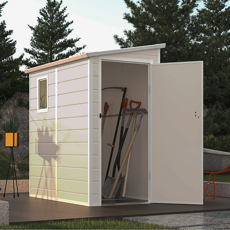 Abri de jardin adossé en résine beige 1 – 64m² avec porte et fenêtre + kit fondation, JOBU