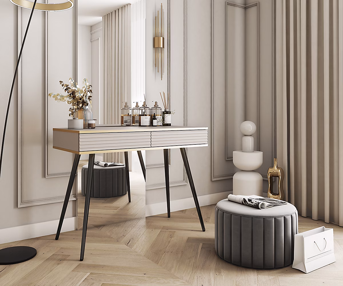 Coiffeuse glamour beige avec pieds noirs – 102 × 80 × 50