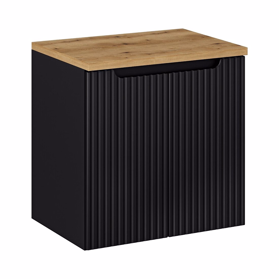 Meuble de salle de bains – Ensemble de salle de bain VANO 60cm : meuble sous vasque à placards rainuré verticalement et plan pour vasque aspect chene