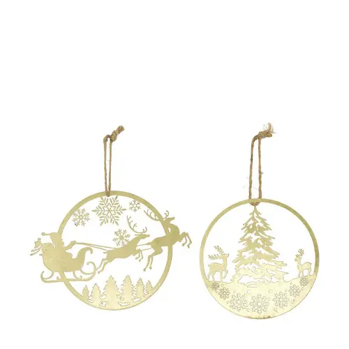 Décoration ronde à suspendre en métal doré scène de Noël - Ø 18 cm