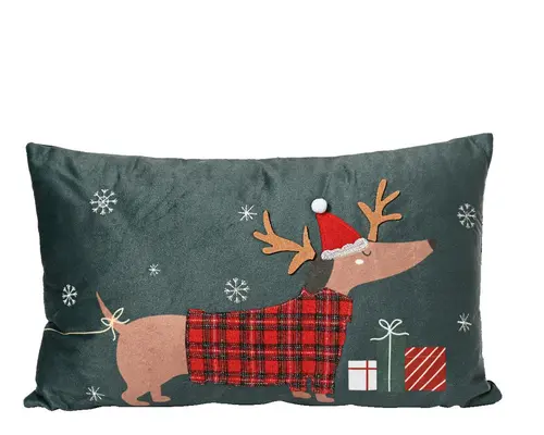 Coussin vert en polyester imprimé Chien de Noël - 50 x 30 x 8 cm