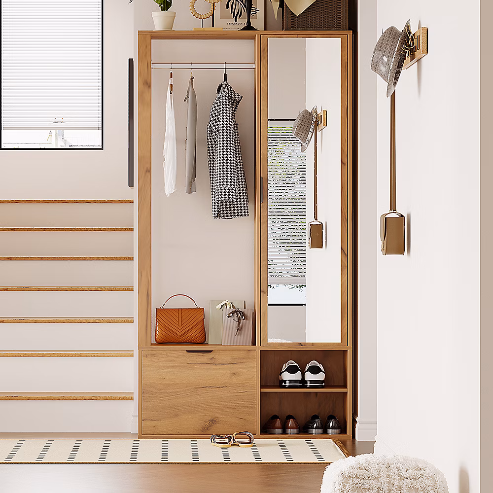Armoire à vêtements d'entrée 6 en 1 avec vestibule – 100 × 33 × 190cm,couleur bois, pour manteaux, étendoir à linge