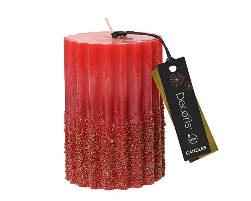 Bougie pilier rouge Noël avec paillettes or - Ø 7 x H 10 cm