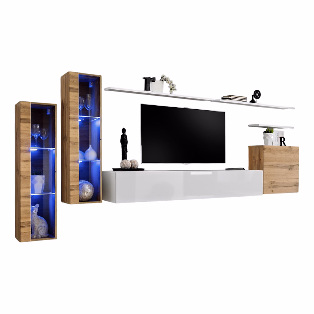 Composition murale SWITCH XI Meuble TV – vitrines suspendues, cube et étagères Blanc brillant et chene Wotan Design moderne