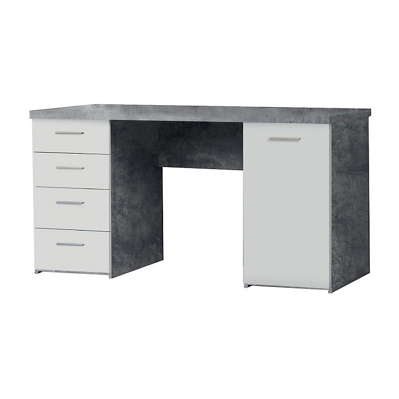 Bureau blanc avec 4 tiroirs et 1 porte décor béton gris – ALVIN