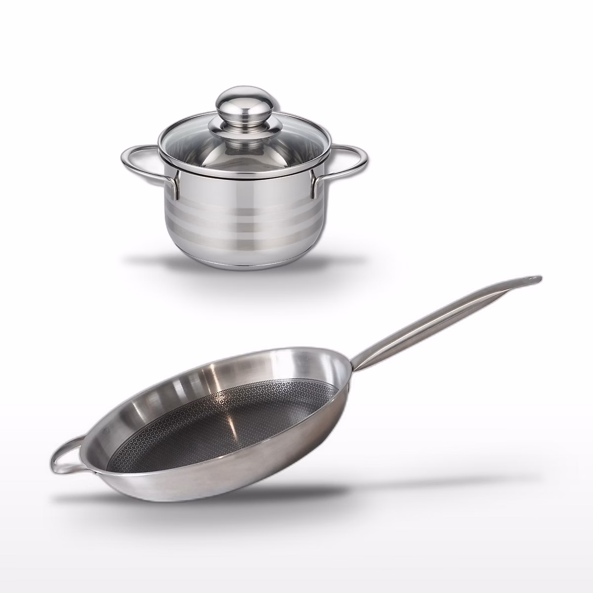 Batterie de cuisine avec 1 poêle de cuisson 32 cm et 1 faitout 12 cm en inox sans PFAS Elo Collection Relief Solution Brillant – Réf. FSGZWCYFR5590698088