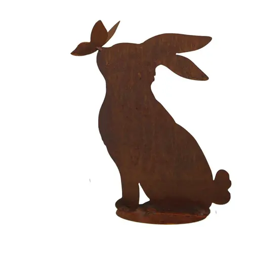 Lapin décoratif avec papillon coloris marron en métal rouillé - 24 x 31 cm