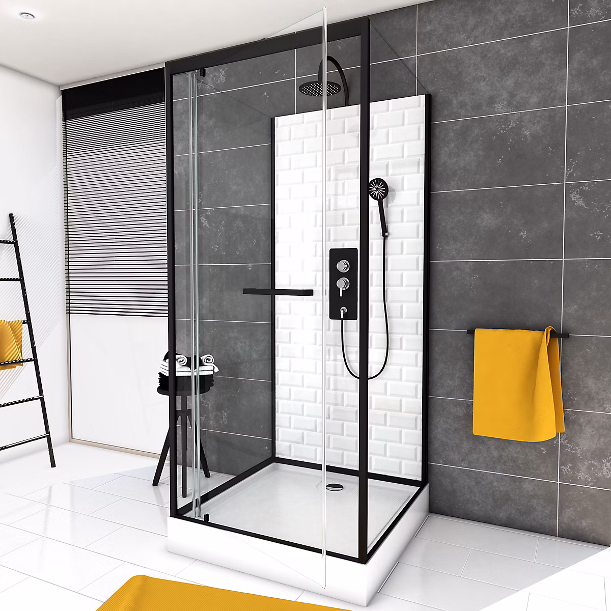 Cabine de douche l.80 x L.80 x H.230 cm – fond effet métro, douchette anticalcaire, style noir & blanc, Galedo Metro | Cabine de douche