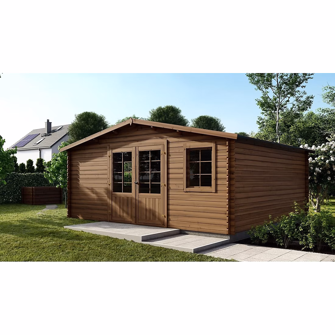 Abri de jardin en bois – 25m2, 5 × 5m, Traité, Ep. 28mm, Couleur: marron, DOM596