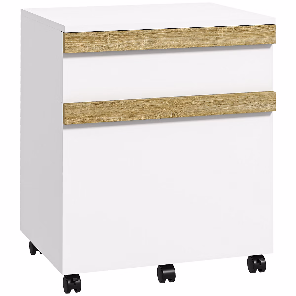 Caisson de bureau rangement bureau sur roulettes tiroir coulissant et tiroir dossiers suspendus blanc aspect chêne clair | Rangement bureau