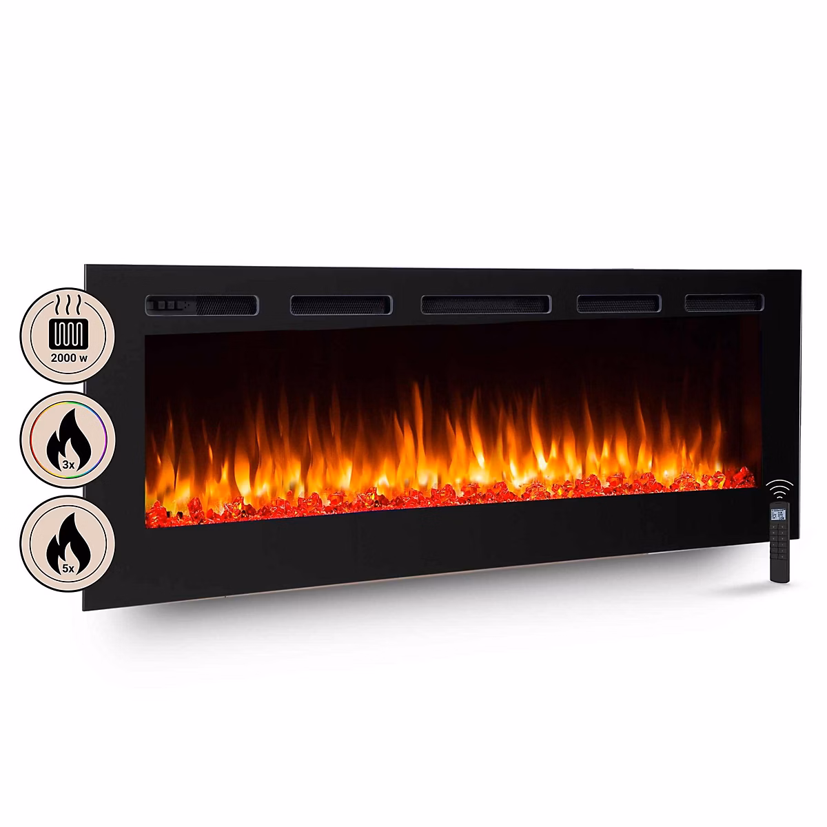 Cheminée électrique BALDERIA Fiamma 68 – Cheminée encastrable, chauffage 2000 W, Noir