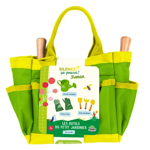 Sac en tissu vert avec ensemble de jardinage pour enfant - les 6 pièces