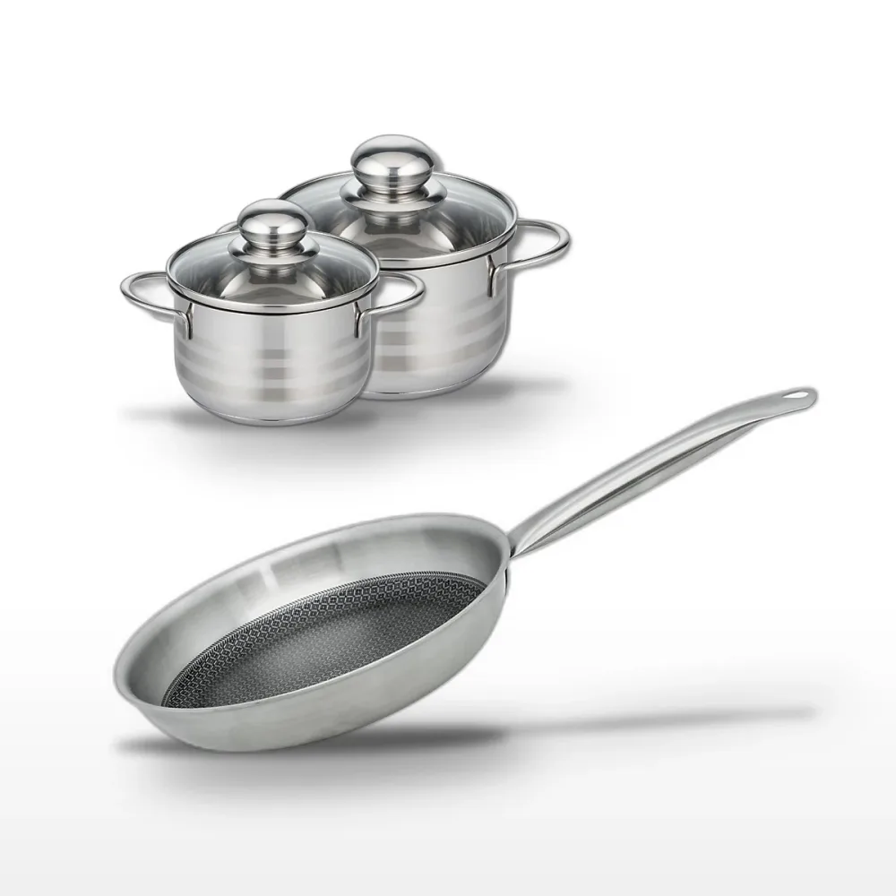 Batterie de cuisine avec 1 poêle de cuisson 28 cm et 2 faitouts 12/14 cm en inox sans PFAS Elo Collection Relief Solution Brillant – Réf. FKSAYVQLB1607868864