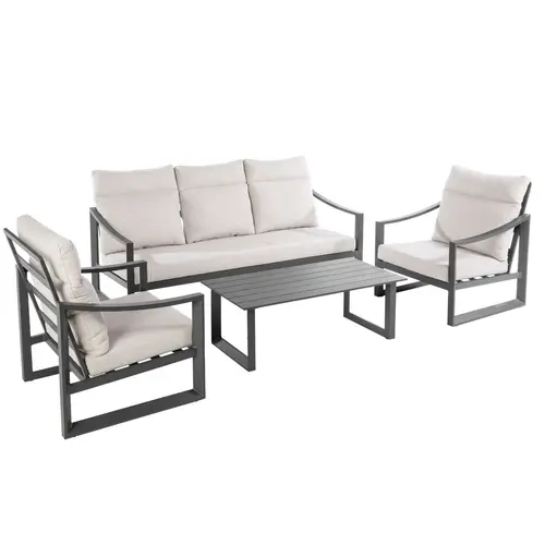 Salon de jardin dossier haut en aluminium coloris anthracite Hoya - 4 éléments (canapé, table basse et deux fauteuils)