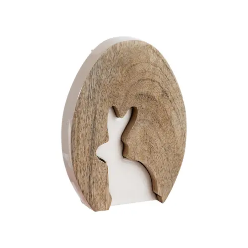Objet décoratif à poser lapin blanc dans œuf en bois de manguier - 16 x 12 x 2,5 cm