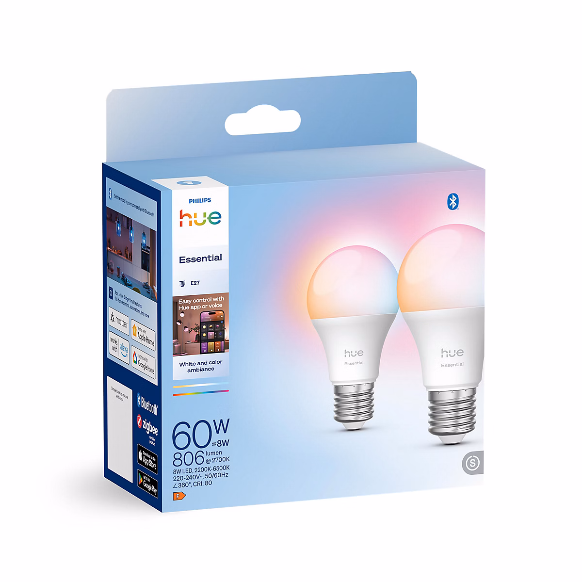 2 ampoules LED E27 A60 dépoli connectées RVB blanc variable 806 lm dimmable 8W Philips Hue | Ampoule