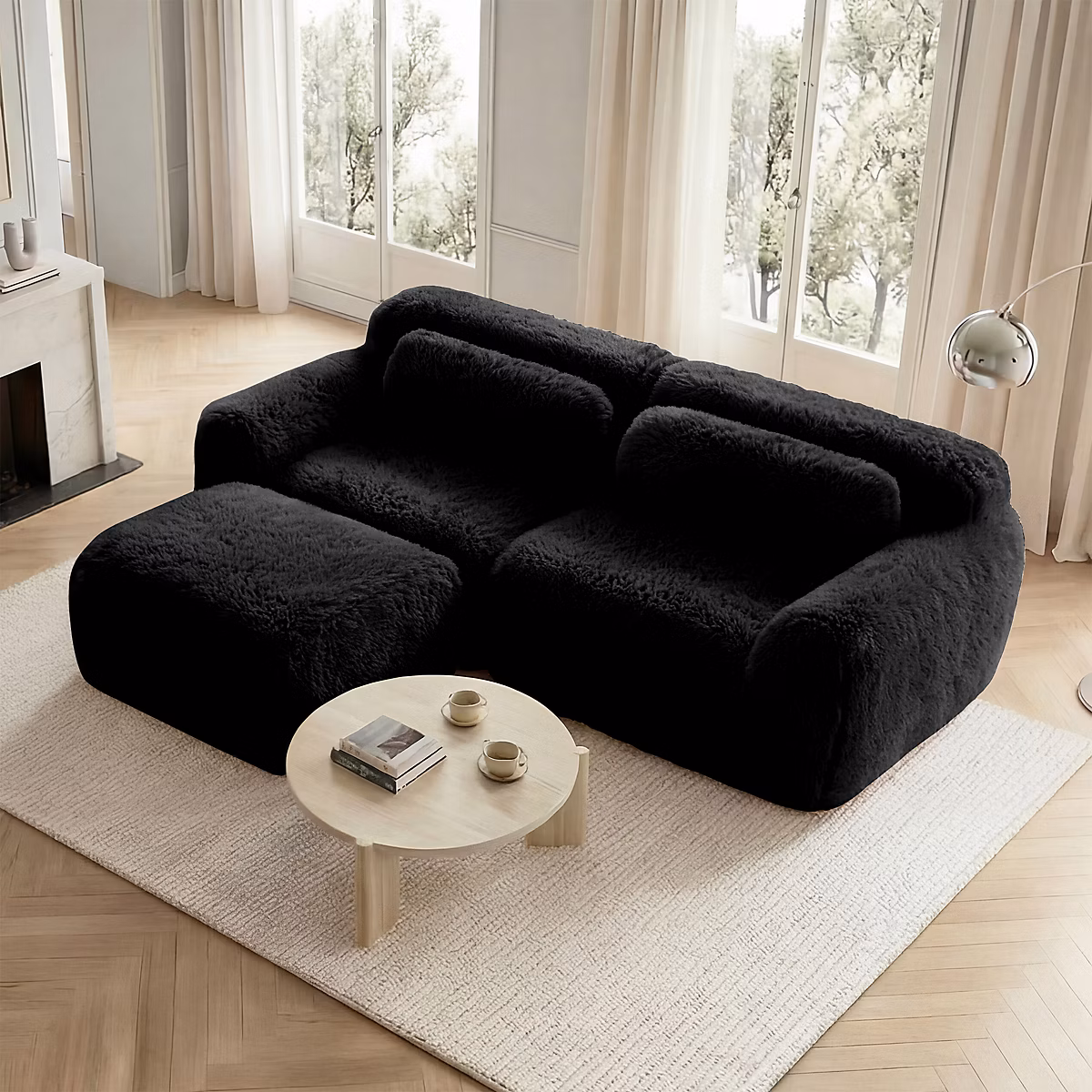 Canapé L 2 places | modulaire – tissu pelucheux – noir