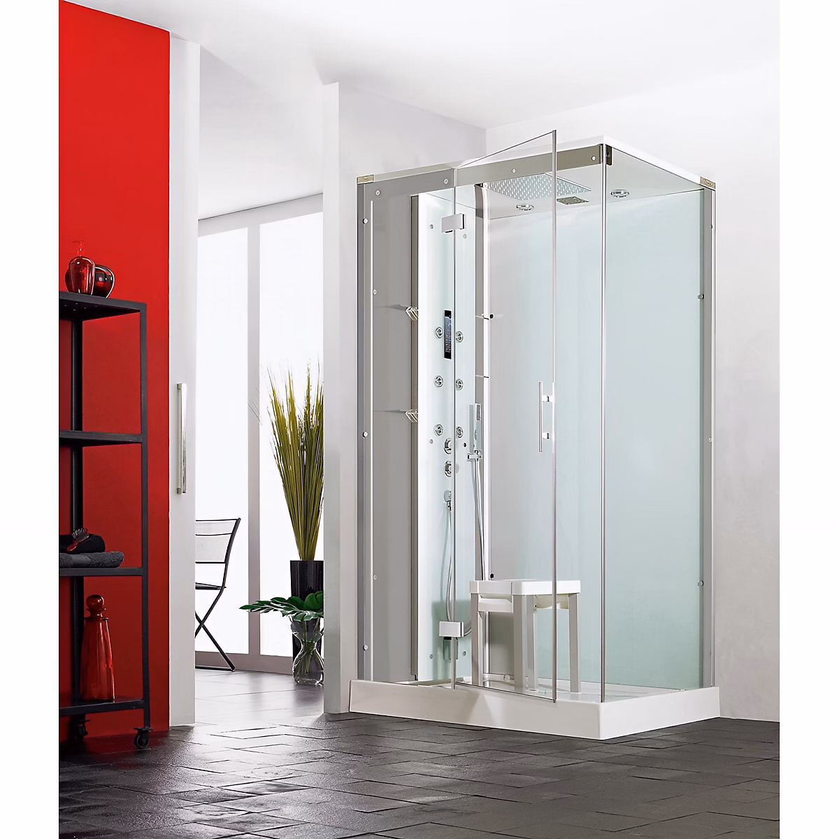 Cabine de douche hydromassante et hammam KINEDO HORIZON 120x120 hauteur receveur 12 – 5cm 1 porte pivotante finition acier
