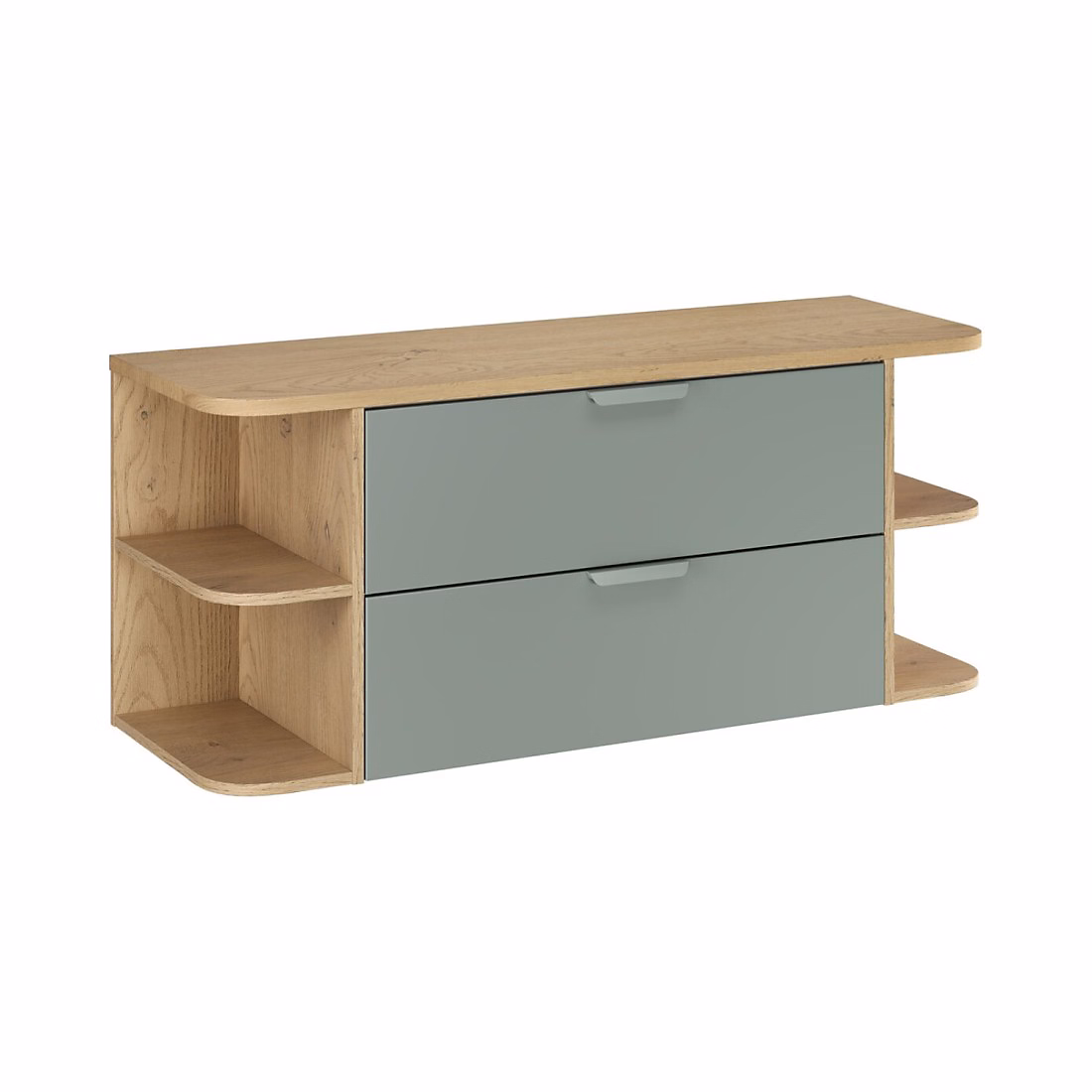 Ensemble OSTER 120cm : meubles sous vasque à tiroirs vert sauge et niches visibles arrondieset plan pour vasque aspect chene clai – Réf. ZNCCRLPMC6342672480