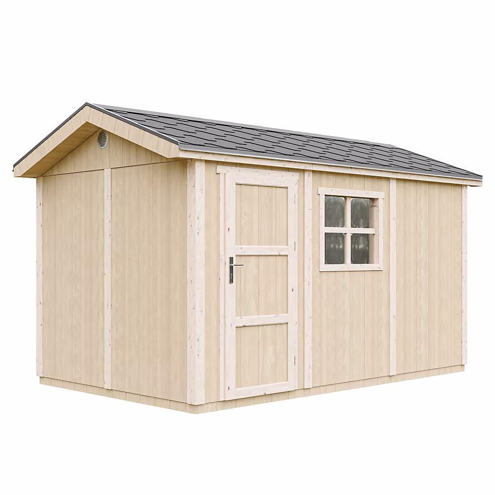 Abri de Jardin Qualité Premium 8 – 68 m², H252 × 250 × 412 cm, Avec un sol et des bardeaux bitumineux M914, Timbela
