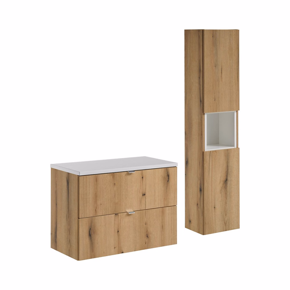 Ensemble meuble de salle de bains – Ensemble de salle de bain VANO aspect chene et blanc 110cm : meubles sous vasque à tiroirs et plan pour vasque et colonne