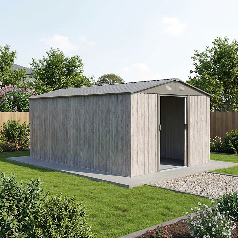 Abri de jardin métal 11m² WoodTouch beige 301 × 367cm + kit d'ancrage X – Metal