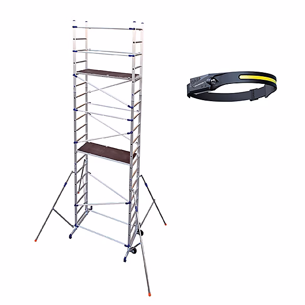Echafaudage 2 plateaux – Hauteur travail 6.46m + Lampe frontale éclairage sur 80m, PN/CLA-LAMPE