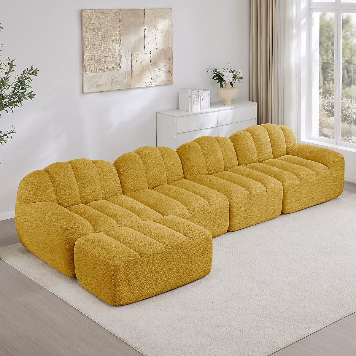 Canapé modulaire 4 places – 1 pouf, 32D mousse haute densité, jaune, confort profond
