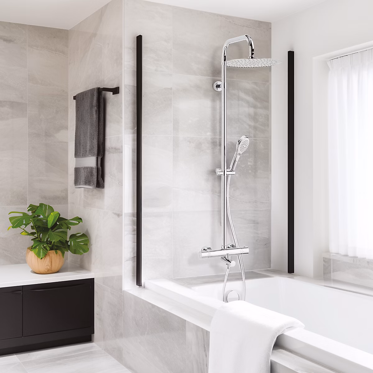Colonne de douche thermostatique avec pomme de tête large – douchette et flexible, chrome, Valentin Opium