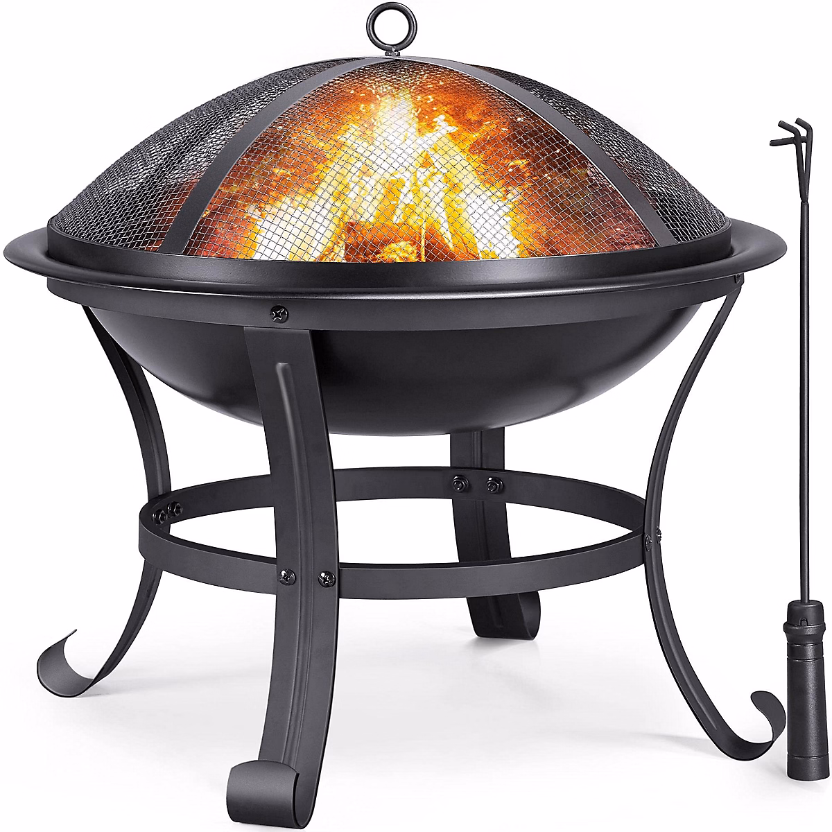 Brasero Jardin Chauffage Noir Foyer avec Poker Gril Couvercle + Poêle en Fer – 54 × 54 × 50cm, Terrasse Exterieur Patio