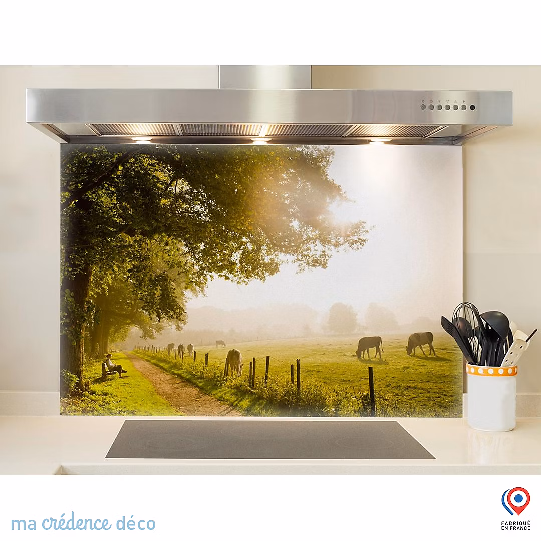 Crédence cuisine fond de hotte champ de vaches lumineux – Verre trempé | L 70 cm x H 60 cm | MaCrédenceDéco