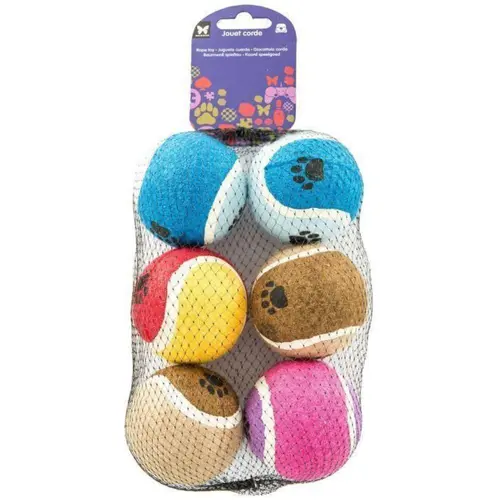 Filet de 6 balles de tennis colorées pour chien Ø 6,5 cm