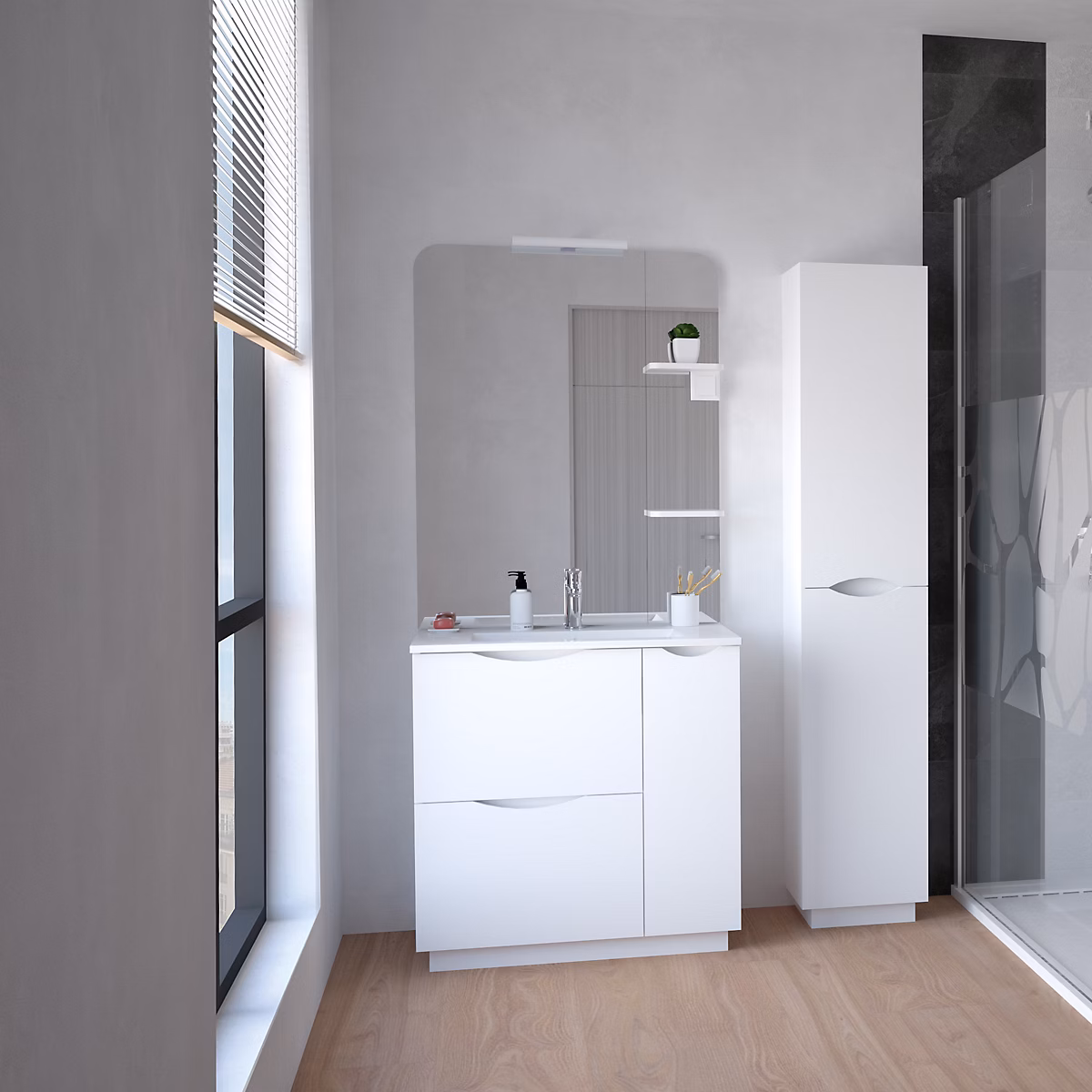 Meuble sous vasque 80 cm blanc avec vasque et miroir LED – Ondee Palermo