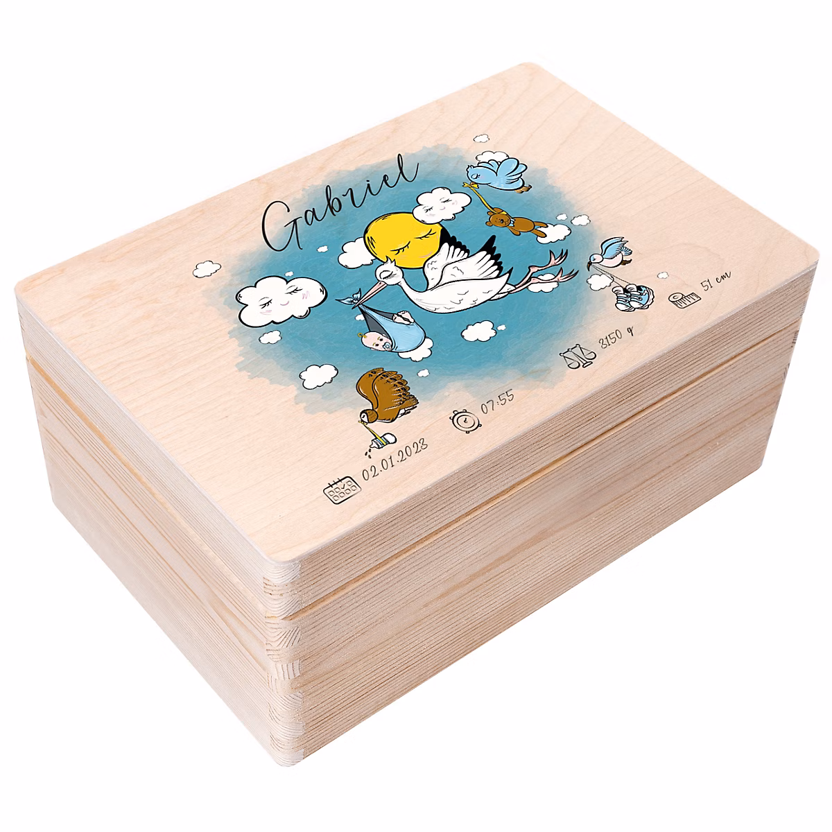 Creative Deco Boîte en Bois Personnalisée pour Naissance – Motif Cigogne Garçon, 30 × 20 × 14 cm, Cadeau Souvenir Bébé