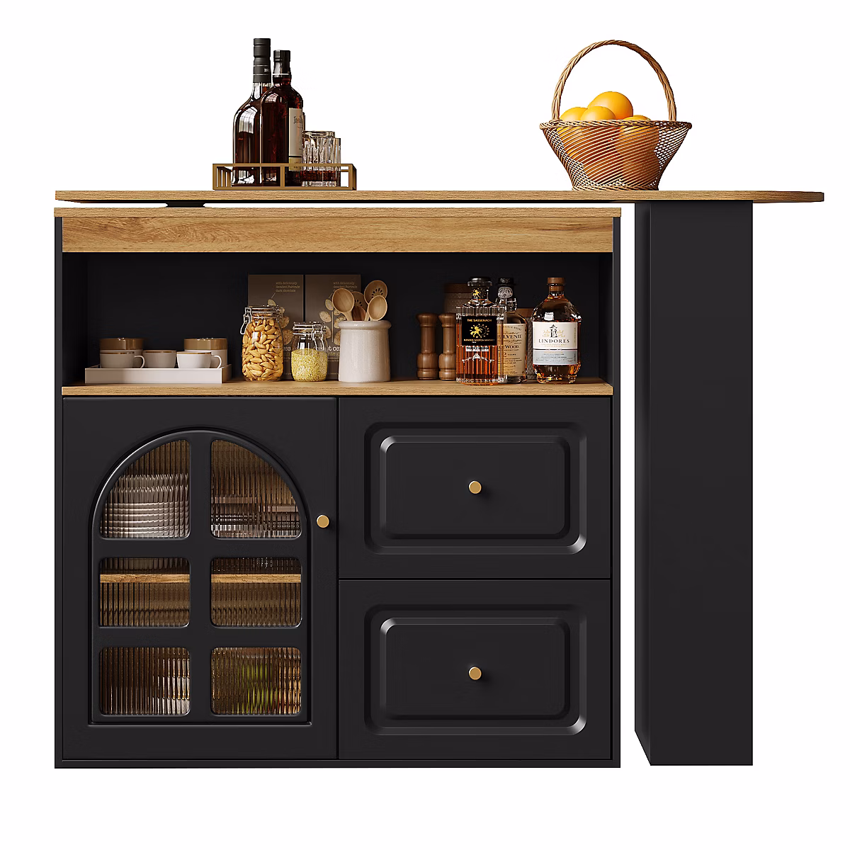 Buffet Bar Tournant Noir Design – Étagères Et Vitre Courbée, Pour Salon, chambre
