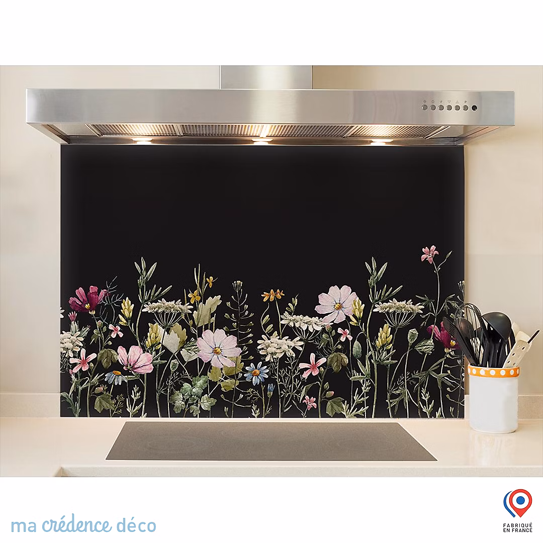 Crédence cuisine fond de hotte Dessin fleurs et aquarelle 1 – Alu composite, L 70 cm x H 60 cm, MaCrédenceDéco